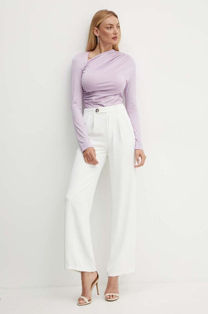 Lilac Draped Long Sleeve Top with Asymmetric Neckline