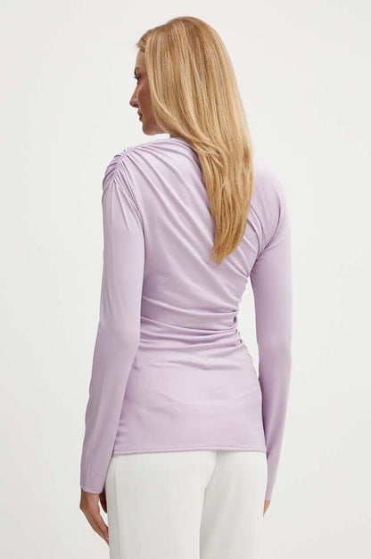 Lilac Draped Long Sleeve Top with Asymmetric Neckline