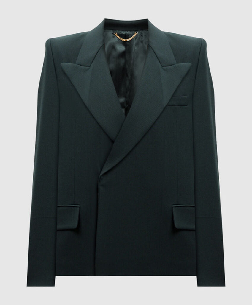 Dark Jacket with Bold Lapels and Gold Chain Detail