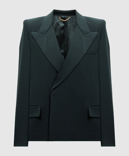 Dark Jacket with Bold Lapels and Gold Chain Detail