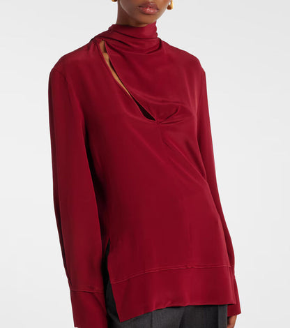 Rich Red Silk-Blend Blouse with Subtle Keyhole Detail