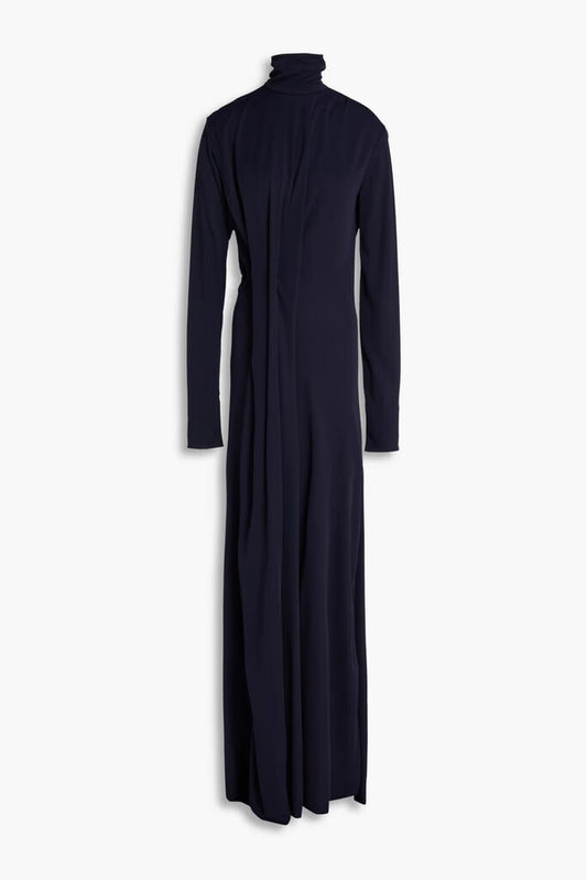 Navy Long-Sleeve Maxi Dress with High Neck