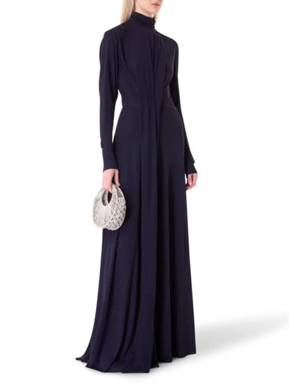 Navy Long-Sleeve Maxi Dress with High Neck