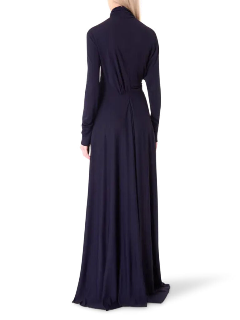 Navy Long-Sleeve Maxi Dress with High Neck