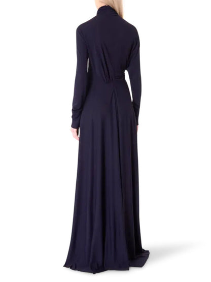 Navy Long-Sleeve Maxi Dress with High Neck