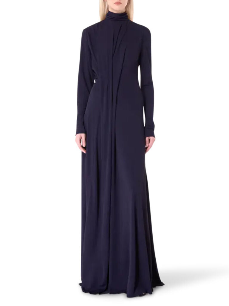 Navy Long-Sleeve Maxi Dress with High Neck