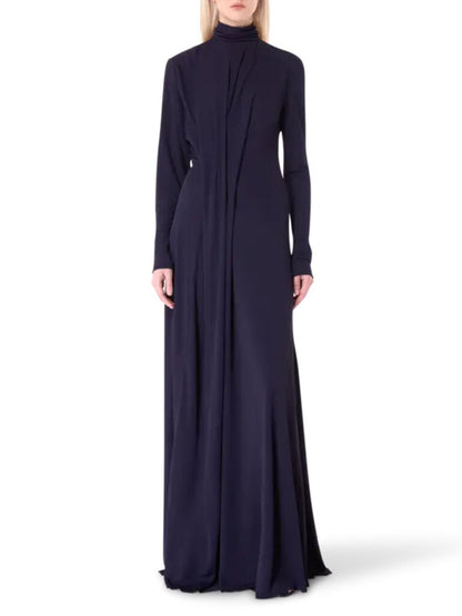 Navy Long-Sleeve Maxi Dress with High Neck