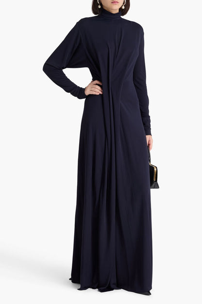 Navy Long-Sleeve Maxi Dress with High Neck