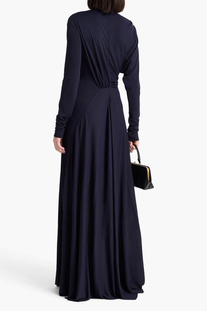 Navy Long-Sleeve Maxi Dress with High Neck