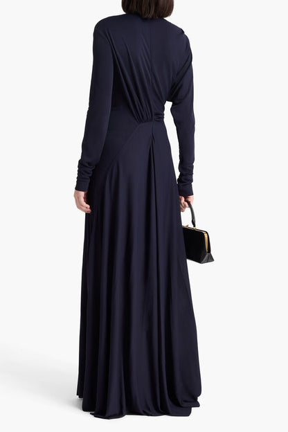 Navy Long-Sleeve Maxi Dress with High Neck