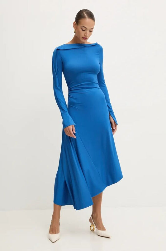 Blue Midi Dress with Boat Neckline