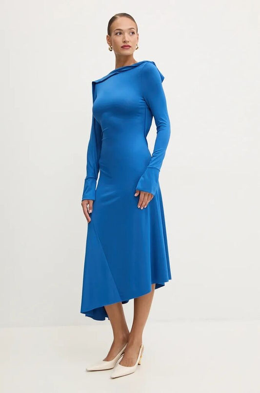 Blue Midi Dress with Boat Neckline