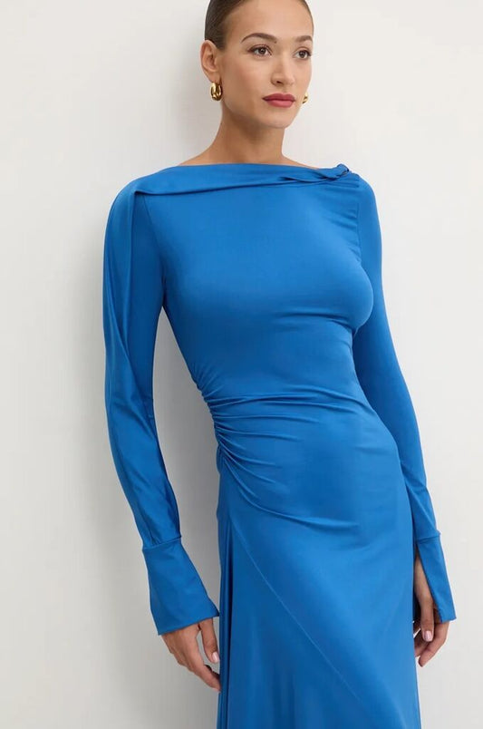 Blue Midi Dress with Boat Neckline