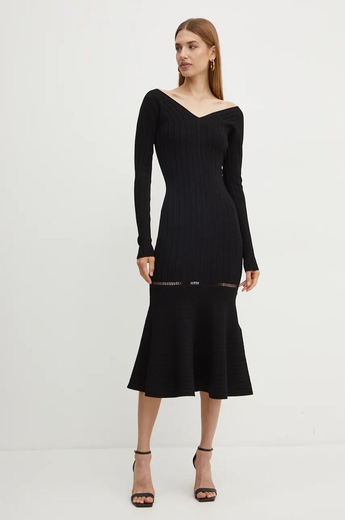 Black Ribbed Knit Midi Dress with Flared Hem