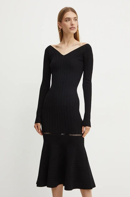 Black Ribbed Knit Midi Dress with Flared Hem