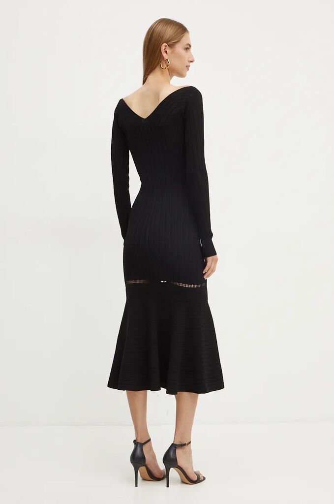 Black Ribbed Knit Midi Dress with Flared Hem