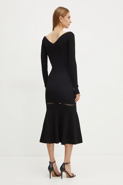 Black Ribbed Knit Midi Dress with Flared Hem