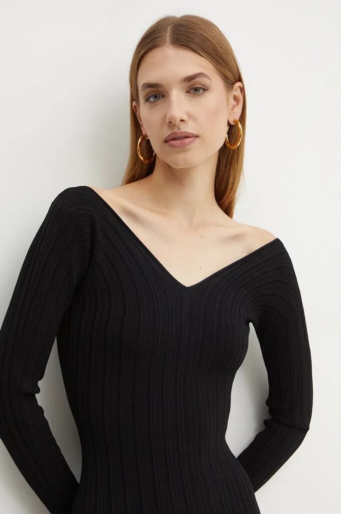 Black Ribbed Knit Midi Dress with Flared Hem
