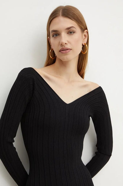 Black Ribbed Knit Midi Dress with Flared Hem