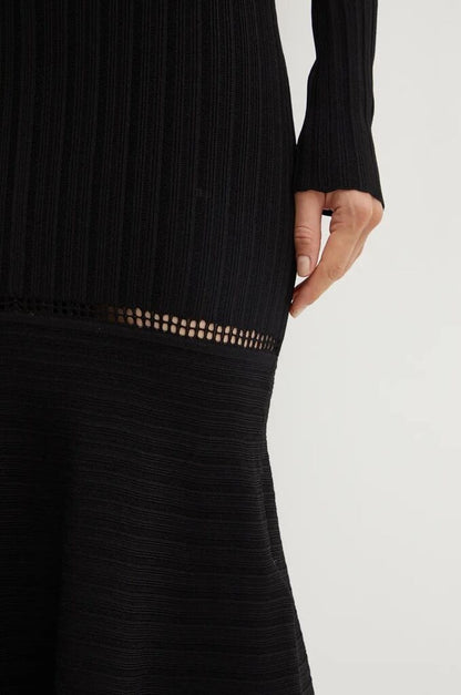 Black Ribbed Knit Midi Dress with Flared Hem