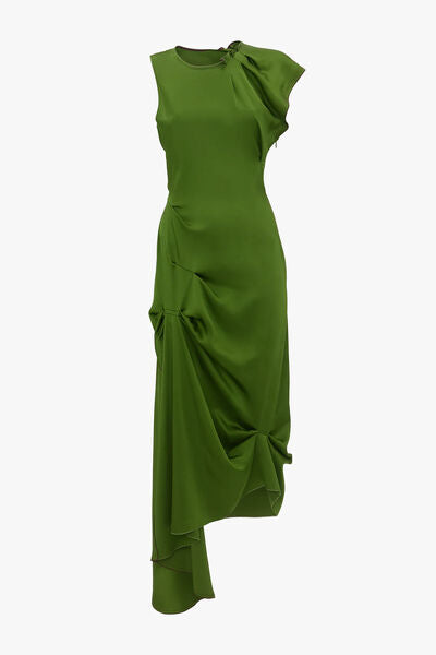Green Draped Sleeveless Evening Dress