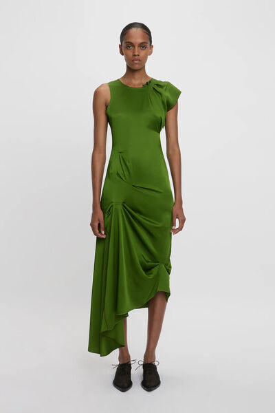 Green Draped Sleeveless Evening Dress