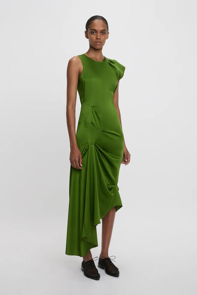 Green Draped Sleeveless Evening Dress