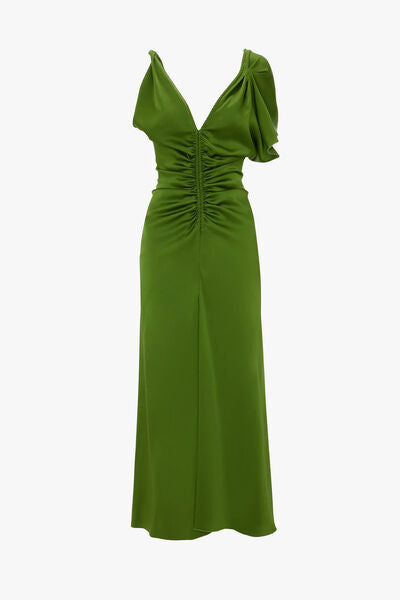 Green Ruched Evening Gown with Draped Sleeve