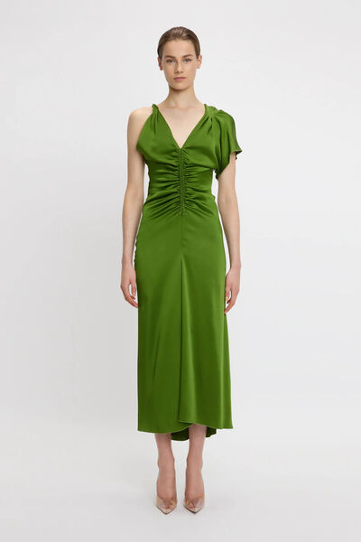 Green Ruched Evening Gown with Draped Sleeve
