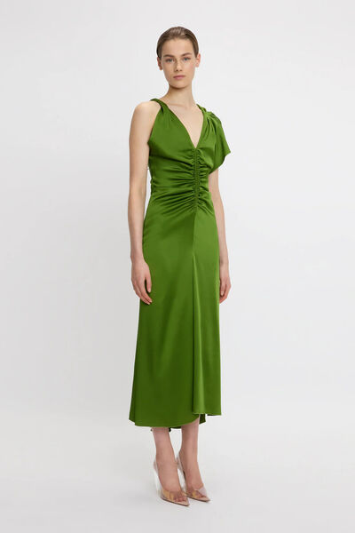 Green Ruched Evening Gown with Draped Sleeve