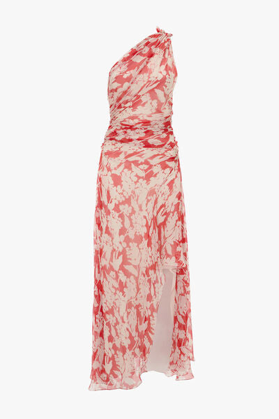 Red Floral One-Shoulder Dress with Side Slit