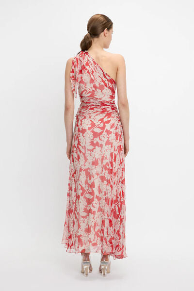 Red Floral One-Shoulder Dress with Side Slit