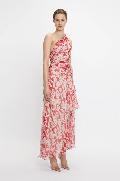 Red Floral One-Shoulder Dress with Side Slit