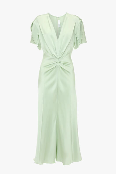 Mint Satin Midi Dress with Draped Detail