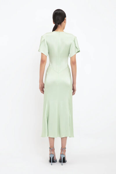 Mint Satin Midi Dress with Draped Detail