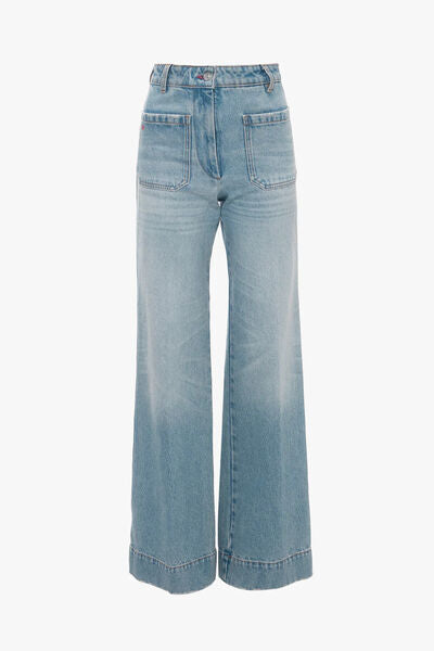 Light Blue Denim Wide-Leg Jeans with Front Pockets
