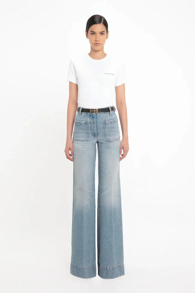 Light Blue Denim Wide-Leg Jeans with Front Pockets