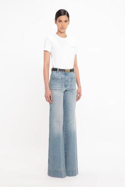 Light Blue Denim Wide-Leg Jeans with Front Pockets