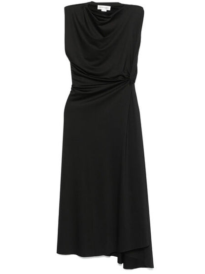 Black Draped Midi Dress with Asymmetrical Hem