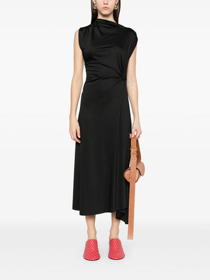 Black Draped Midi Dress with Asymmetrical Hem
