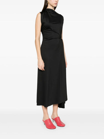 Black Draped Midi Dress with Asymmetrical Hem