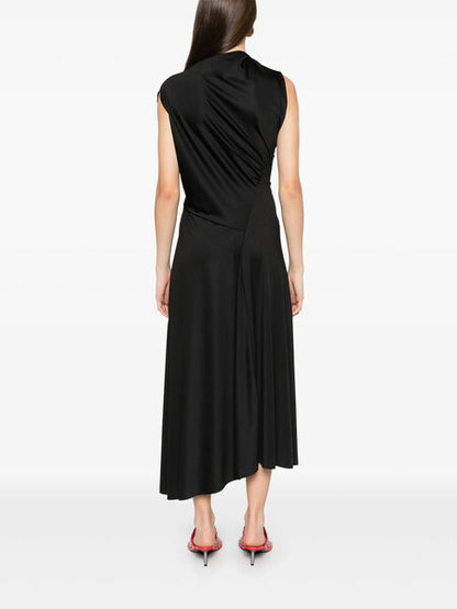 Black Draped Midi Dress with Asymmetrical Hem