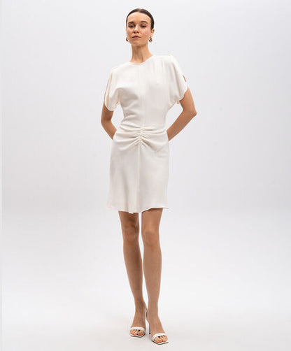 Ivory Draped Dress with Ruched Waist