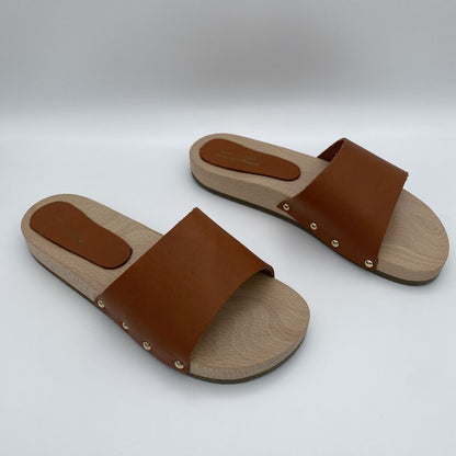 Brown Leather Slide Sandals with Wooden Sole