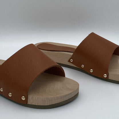 Brown Leather Slide Sandals with Wooden Sole