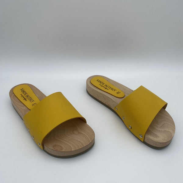 Yellow Wooden Slide Sandals with Rivet Detail