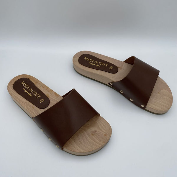 Brown Leather Slide Sandals with Wooden Sole