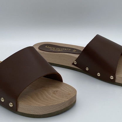 Brown Leather Slide Sandals with Wooden Sole