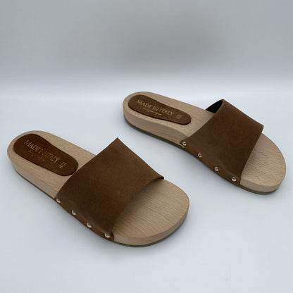Brown Leather Slide Sandals with Wooden Sole