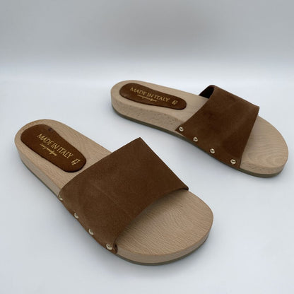 Brown Suede Slide Sandals with Wooden Sole
